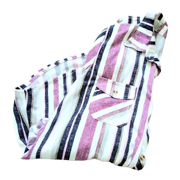Womens M eden & Olivia purple striped 3/4 sleeve button tab button down top - Picture 8 of 9